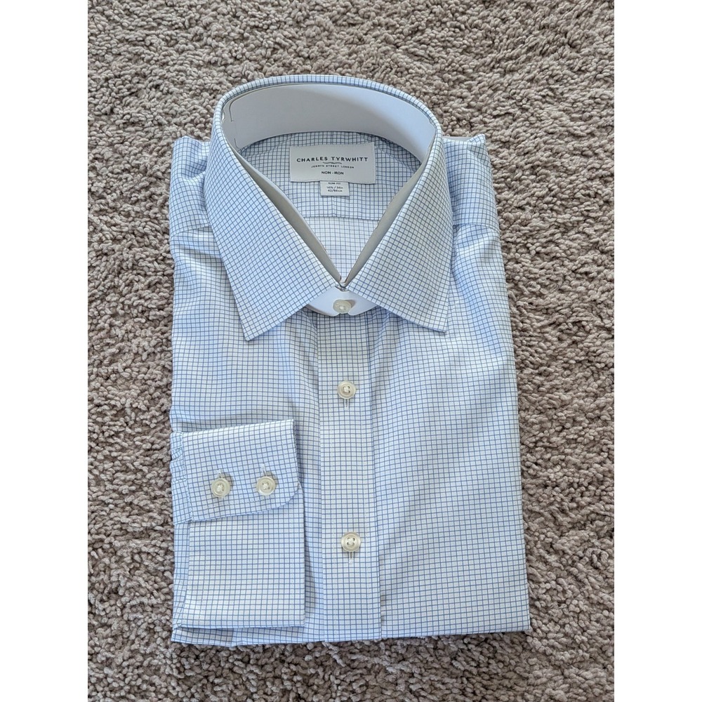 Charles Tyrwhitt Shirt 16.5/34 Cornflower Blue Mini Grid Check Slim Fit NWT